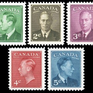Canada Stamp #284-8 - King George VI with "POSTES-POSTAGE" (1949) 1 x 1¢, 1 x 2¢, 1 x 3¢, 1x 4¢, 1 x 5¢ Set of 5