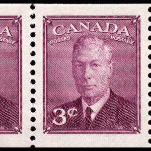 Canada Stamp #286a - King George VI (1950) 3 x 3¢ Booklet pane of 3 x 3¢ (286as), (BK43,44)