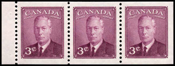 Canada Stamp #286a - King George VI (1950) 3 x 3¢ Booklet pane of 3 x 3¢ (286as), (BK43,44)