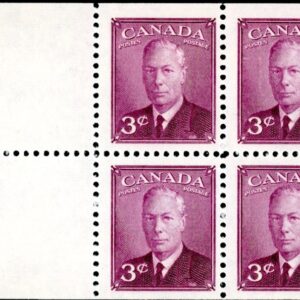 Canada Stamp #286b - King George VI (1950) 4 x 3¢ Booklet pane of 4 x 3¢ (286bs) + 2 labels, (BK40)