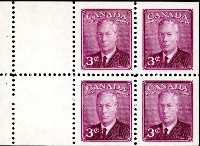 Canada Stamp #286b - King George VI (1950) 4 x 3¢ Booklet pane of 4 x 3¢ (286bs) + 2 labels, (BK40)
