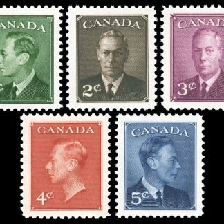 Canada Stamp #289-93 - King George VI with "POSTES-POSTAGE" Omitted (1950) 1 x 1¢, 1 x 2¢, 1 x 3¢, 1x 4¢, 1 x 5¢ Set of 5