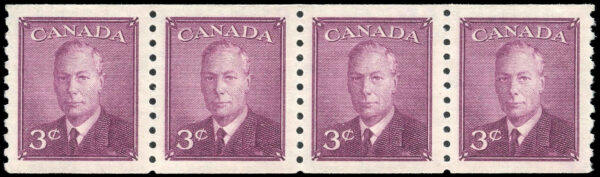 Canada Stamp #296-4 - King George VI (1949) 4 x 3¢ strip of 4