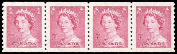 Canada Stamp #332 - Queen Elizabeth II (1953) 4 x 3¢ strip of 4
