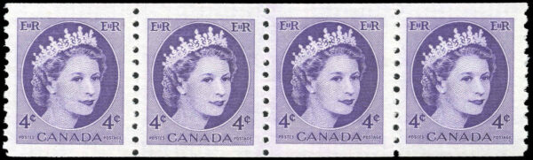 Canada Stamp #347i - Queen Elizabeth II (1954) 4 x 4¢ Jump strip of 4