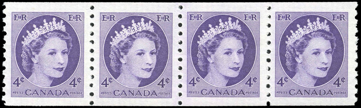 Canada Stamp #347V - Queen Elizabeth II (1954) 4 x 4¢ REPAIR strip of 4