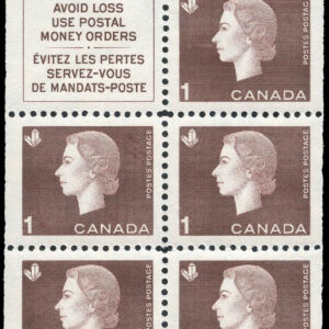 Canada Stamp #401a - Queen Elizabeth II (1963) 5 x 1¢ Booklet pane of 5 x 1¢ (401as) + label , NF (BK53)
