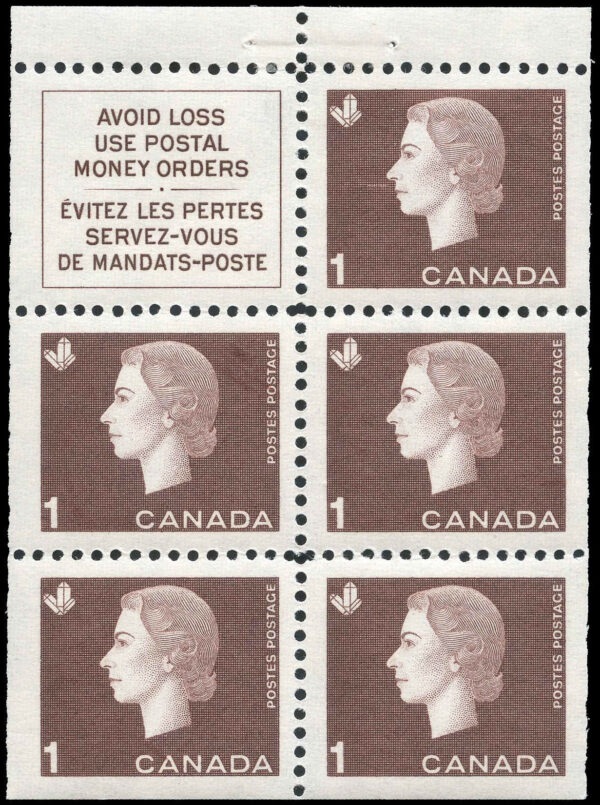 Canada Stamp #401a - Queen Elizabeth II (1963) 5 x 1¢ Booklet pane of 5 x 1¢ (401as) + label , NF (BK53)