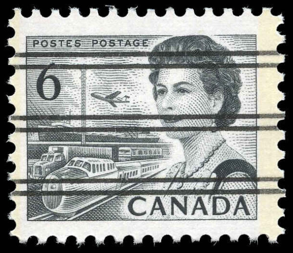 Canada Stamp #460fpxx - Queen Elizabeth II & Transportation (1972) 6¢ Precancelled (no.460fpiv), GT2, LF, ribbed horizontally