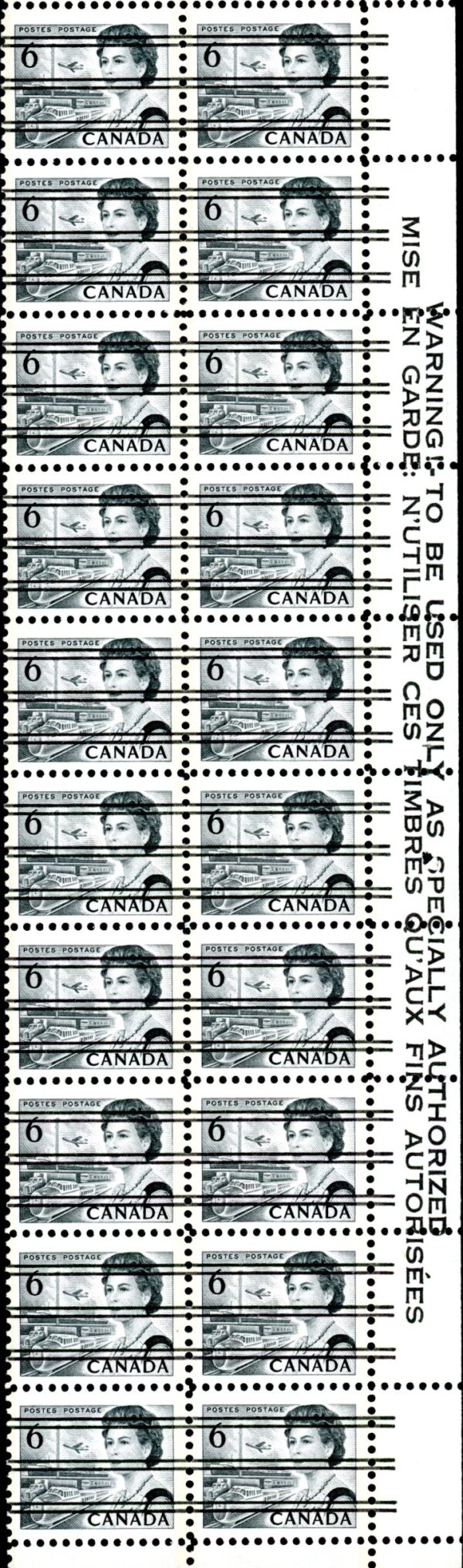 Canada Stamp #460fpxx - Queen Elizabeth II & Transportation (1972) 6¢ Precancelled (no.460fpiv), GT2, LF, ribbed horizontally