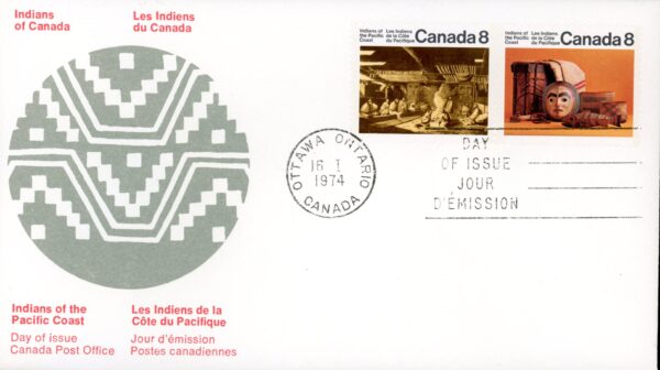 Canada OFDC#571a - Pacific Coast Indians (1974) 2 x 8¢ Se-tenant pair (570, 571)