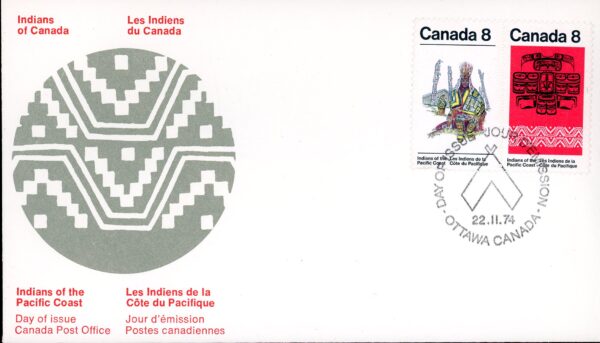Canada OFDC#573a - Pacific Coast Indians (1974) 2 x 8¢ Se-tenant pair (572, 573)