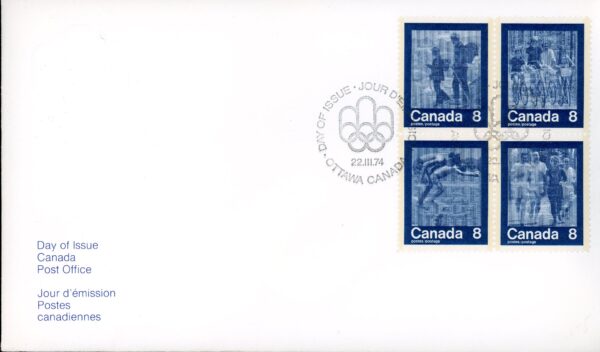 Canada OFDC #629-632 - BLOCK - Olympic Games - Keeping Fit - (1974) 4 x 8¢