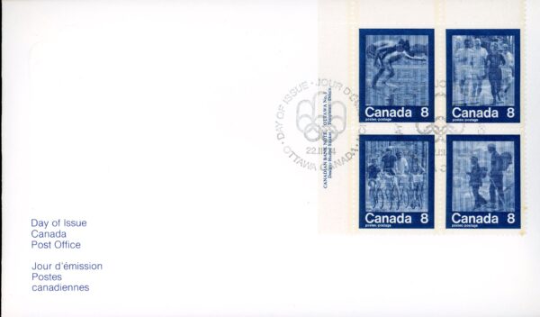 Canada OFDC #629-632 - PLATE BLOCK - Olympic Games - Keeping Fit - (1974) 4 x 8¢
