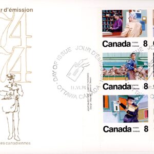 Canada OFDC#639A - Letter Carrier Service (1974) 6 x 8¢ Se-tenant block of 6 (634-639)