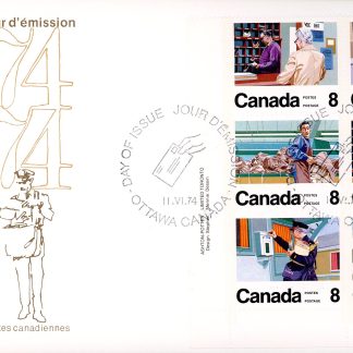 Canada OFDC#639A - Letter Carrier Service (1974) 6 x 8¢ Se-tenant block of 6 (634-639)
