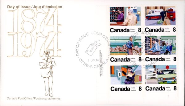 Canada OFDC#639A - Letter Carrier Service (1974) 6 x 8¢ Se-tenant block of 6 (634-639)