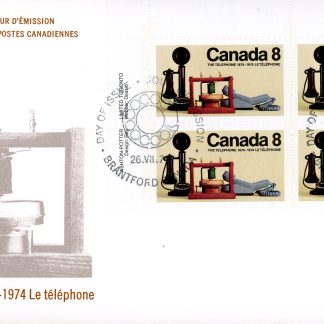 Canada OFDC #641 -PLATE BLOCK - Invention of the Telephone (1974)  4x 8¢