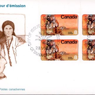 Canada OFDC #643-  PLATE BLOCK - Prairie Settlers (1974) 4x 8¢