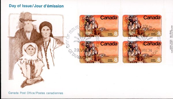 Canada OFDC #643-  PLATE BLOCK - Prairie Settlers (1974) 4x 8¢