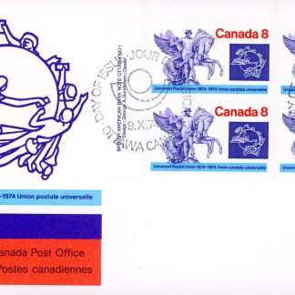 Canada OFDC#648 - PLATE BLOCK - Universal Postal Union Centenary (1974) 4 x 8¢