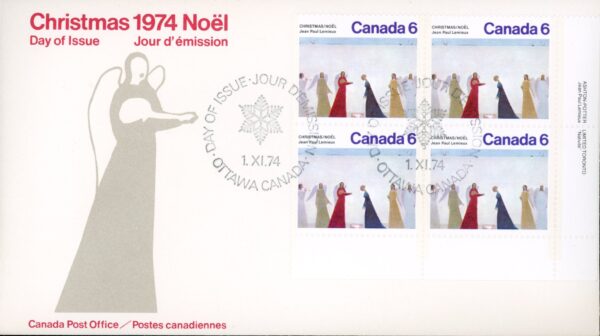 Canada OFDC #650 - PLATE BLOCK - Nativite - Jean Paul Lemieux  (1974) 4 x 6¢