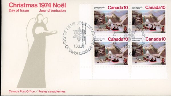 Canada OFDC #652- PLATE BLOCK - The Ice Cone, Montmorency Falls- Robert C Todd  (1974) 4 x 10¢