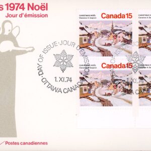 Canada OFDC #653 - PLATE BLOCK -Village in the Laurentian Mountains -Clarence A Gagnon (1974) 4 x15¢