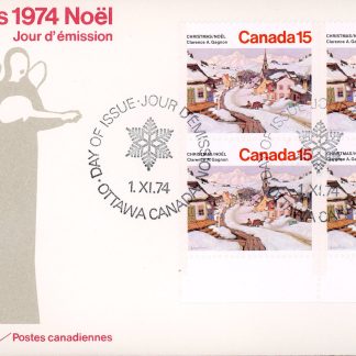 Canada OFDC #653 - PLATE BLOCK -Village in the Laurentian Mountains -Clarence A Gagnon (1974) 4 x15¢