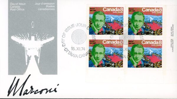 Canada OFDC #654 - PLATE BLOCK - Marconi - (1974) 4 x 8¢
