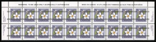 Canada Stamp #787xx - Canada Violet (1979) 15¢ Precancelled, DF  Warning Strip of 20 stamps