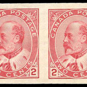 Canada Stamp #90A - Edward VII (1903) 2 x 2¢ Imperf. pair, Pl. 13 & 14 with gum, type II, the only imperf.
