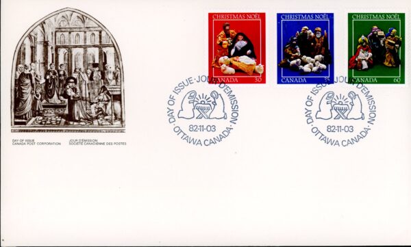 Canada Stamp FDC#973-5 - Christmas-Creche Figures (1982) 1 x 30¢, 1 x 35¢, 1 x 60¢ Series of 3