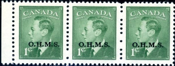 Canada Stamp - O - Official #O12i (STRIP OF 3) - King George VI, Postes-Postage (1950) 1¢ O.H.M.S. NARROW SPACING
