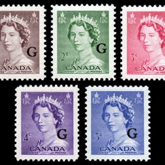 Canada Stamp - O - Official #O33-O37 - Queen Elizabeth II "Karsh" Portrait (1953) 1¢, 2¢, 3¢, 4¢, 5¢ Series of 5, Overprinted G (MH)