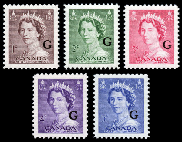 Canada Stamp - O - Official #O33-O37 - Queen Elizabeth II "Karsh" Portrait (1953) 1¢, 2¢, 3¢, 4¢, 5¢ Series of 5, Overprinted G (MH)