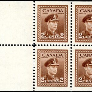 Canada Stamp #250a - King George VI in Army Uniform (1942) 4 x 2¢ Booklet pane of 4 x 2¢ (250as) + 2 labels, (BK37)