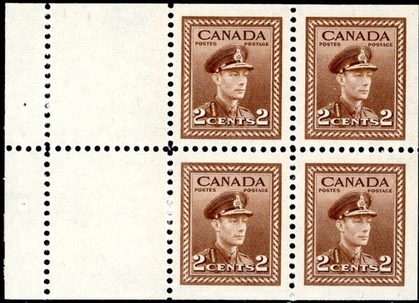 Canada Stamp #250a - King George VI in Army Uniform (1942) 4 x 2¢ Booklet pane of 4 x 2¢ (250as) + 2 labels, (BK37)
