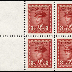 Canada Stamp #251a - King George VI in Airforce Uniform (1942) 4 x 3¢ Booklet pane of 4 x 3¢ (251as) + 2 labels, (BK34, 37)