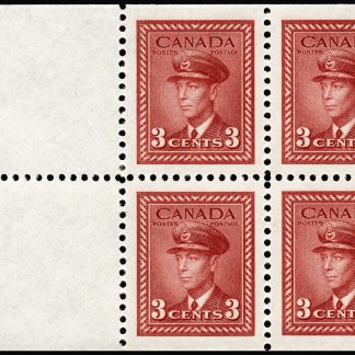 Canada Stamp #251a - King George VI in Airforce Uniform (1942) 4 x 3¢ Booklet pane of 4 x 3¢ (251as) + 2 labels, (BK34, 37)