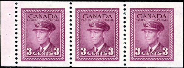 Canada Stamp #252b - King George VI in Airforce Uniform (1943) 3 x 3¢ Booklet pane of 3 x 3¢ (252as), (BK 38)