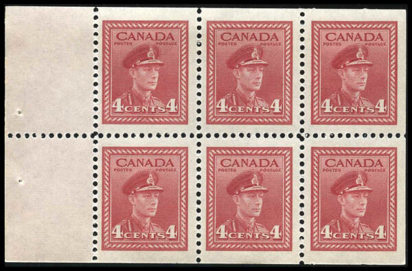Canada Stamp #254ai - King George VI in Army Uniform (1943) 6 x 4¢ Booklet pane of 6 x 4¢ (254as) + 2 labels, (BK 36)