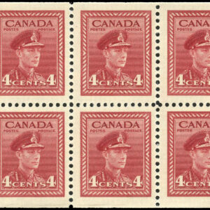 Canada Stamp #254a - King George VI in Army Uniform (1943) 6 x 4¢ Booklet pane of 6 x 4¢ (254as) + 2 labels, (BK 36)