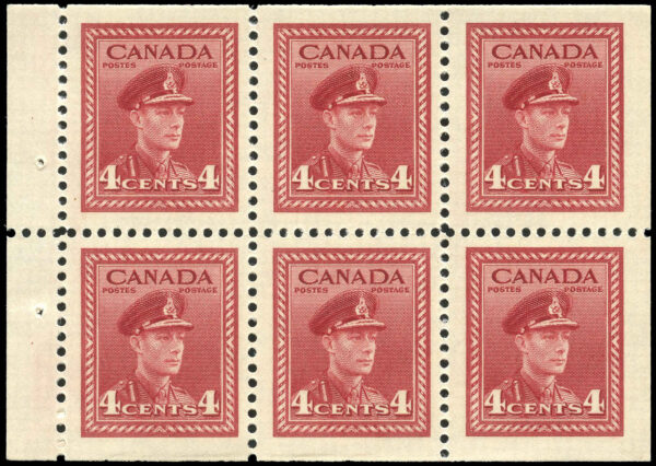 Canada Stamp #254a - King George VI in Army Uniform (1943) 6 x 4¢ Booklet pane of 6 x 4¢ (254as) + 2 labels, (BK 36)