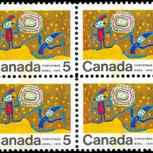 Canada Stamp #522pi - Children Skiing (1970) 4 x 5¢ Centre block of 4, WCB