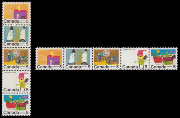 Canada Stamp #523ap - Christmas (1970) 5 x 5¢ Se-tenant strip of 5 (519p-523p), WCB(horizontal)