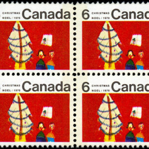Canada Stamp #525pi - Children and Christmas Tree (1970) 4 x 6¢ Centre block of 4, W2B