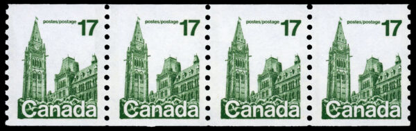 Canada Stamp STRIP OF 4 #806iii - Houses of Parliament (1978) 17¢ Dot at high noon/pigeon hole (pos.3,15,27)