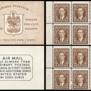 Canada Stamp Booklet - #BK29c (FRENCH) King George VI (1937) 12 x 2¢ Booklet of 12 stamps (#232b in cover), type II, 6¢ airmail rate page
