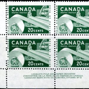 Canada Stamp PB#362 - Paper Industry (1956) 20¢ PLATE 2 (UL OR LL)